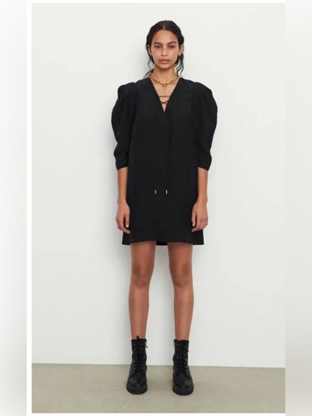 BA&SH Beny Linen Blend Lace-Up Puff Sleeve Shift Dress